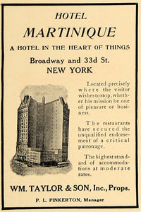 1913 Ad Hotel Martinique WM. Taylor Son P.L. Pinkerton - ORIGINAL CL4