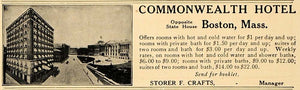 1913 Ad Commonwealth Hotel Storer F. Crafts Boston Mass - ORIGINAL CL4