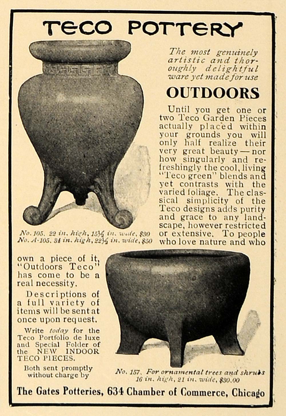 1907 Ad Teco Pottery Outdoor Garden Models Pricing - ORIGINAL ADVERTISING CL4