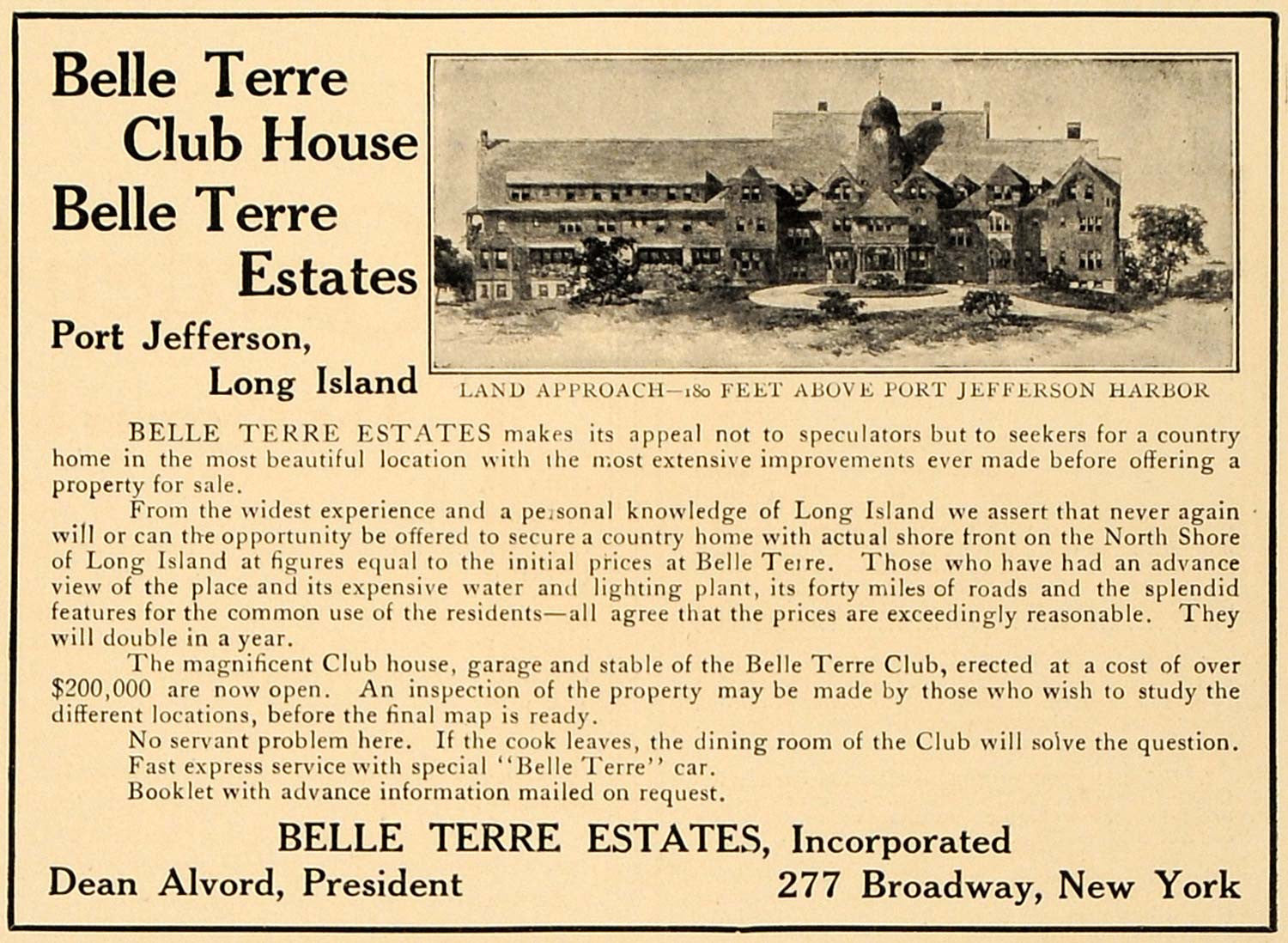 1907 Ad Belle Terre Estates Dan Alvord Port Jefferson - ORIGINAL ADVERTISING CL4 - Period Paper
