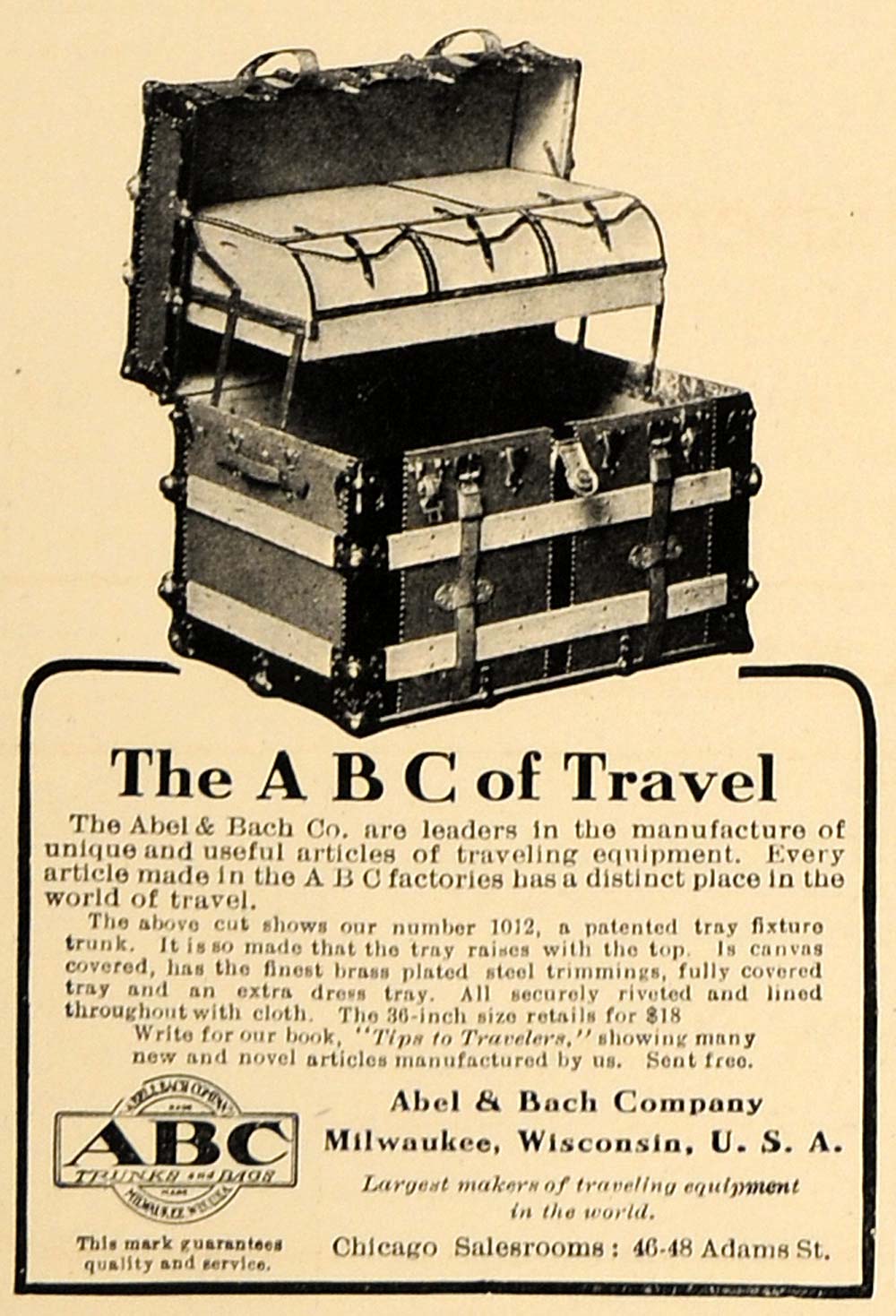 1907 Ad ABC Able Bach Travel Trunks Milwaukee Wisconsin - ORIGINAL CL4