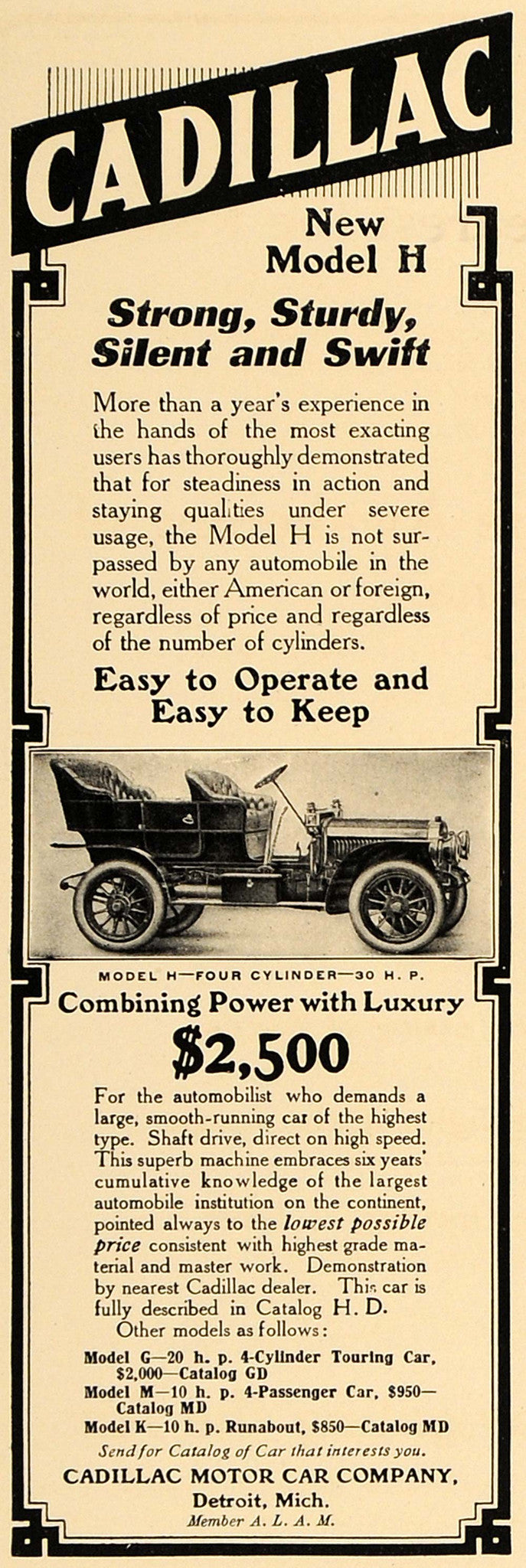 1907 Ad Cadillac Model H Automobile Pricing Detroit - ORIGINAL ADVERTISING CL4 - Period Paper
