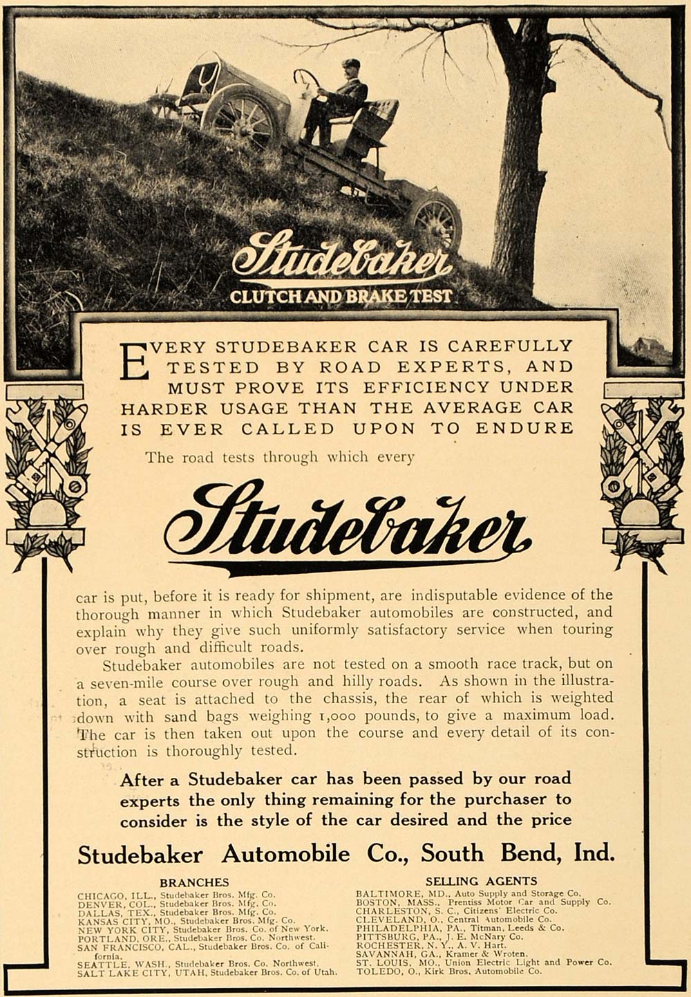 1907 Ad Studebaker Clutch Brake Test Antique Automobile - ORIGINAL CL4