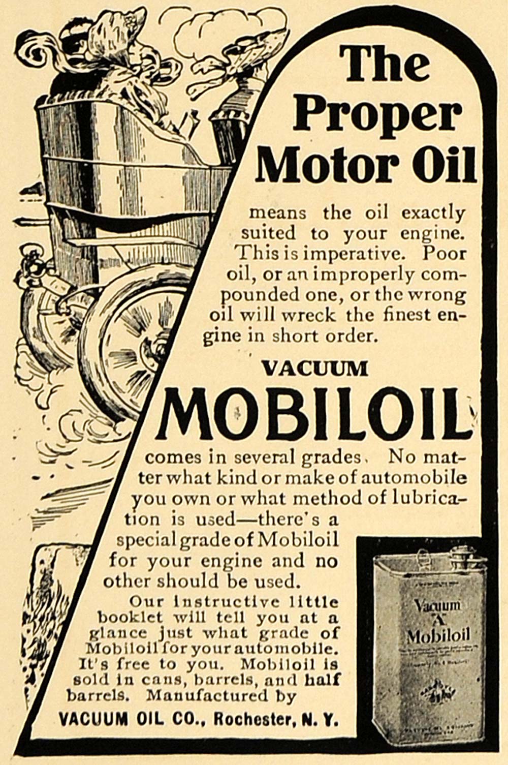 1907 Ad Vacuum Mobiloil Antique Can Rochester New York - ORIGINAL CL4