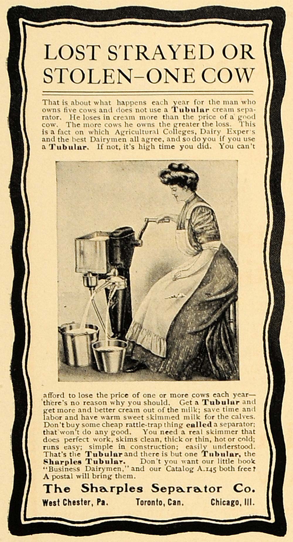 1907 Ad Sharples Separator Tubular Cream Agriculture - ORIGINAL ADVERTISING CL4
