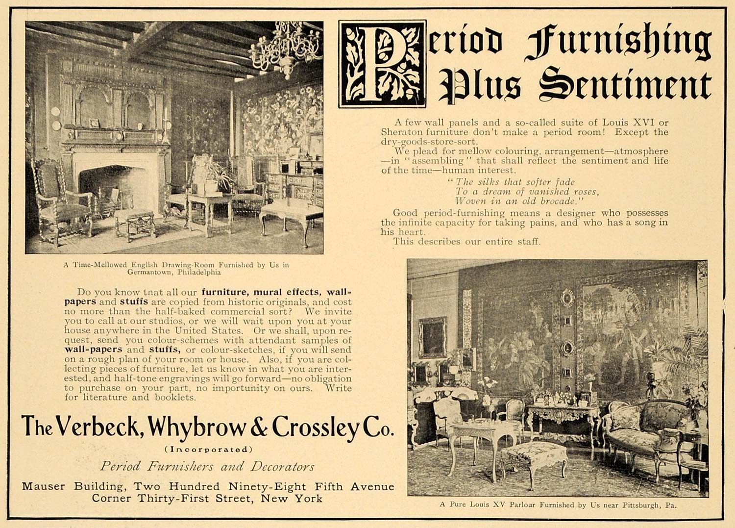 1906 Ad Verbeck Whybrow Crossley Period Home Furnishing - ORIGINAL CL4