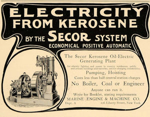 1906 Ad Secor System Kerosene Oil-Electric Generating - ORIGINAL ADVERTISING CL4