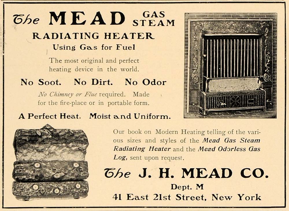 1906 Ad J.H. Mead Gas Steam Radiating Heater Fireplace - ORIGINAL CL4