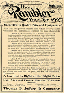 1906 Ad Thomas B. Jeffery The Rambler Automobile - ORIGINAL ADVERTISING CL4