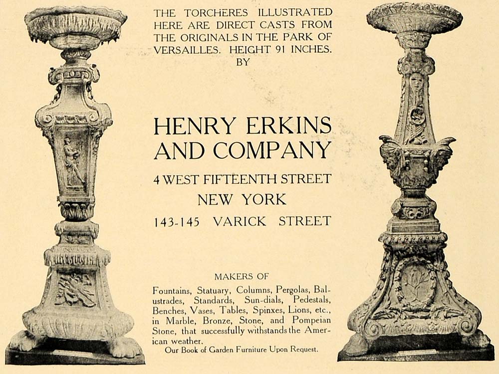 1906 Ad Henry Erkins Statues Torcheres Park Versailles - ORIGINAL CL4