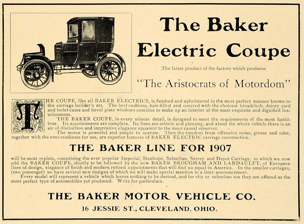 1906 Ad Baker 1907 Electric Coupe Antique Automobile - ORIGINAL ADVERTISING CL4