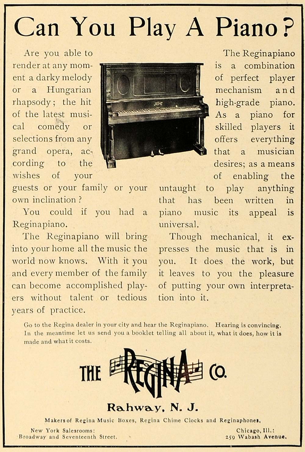 1906 Ad Reginapiano Regina Piano Rahway New Jersey - ORIGINAL ADVERTISING CL4