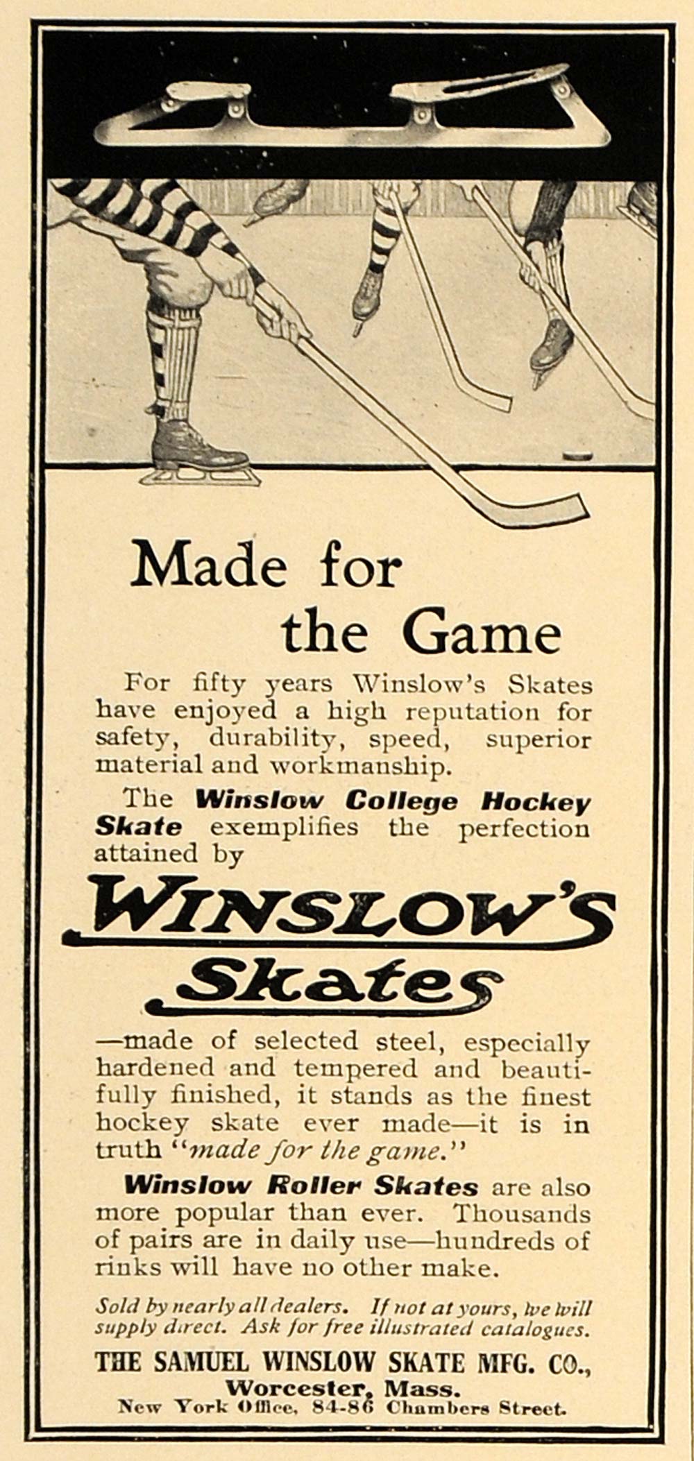 1906 Ad Winslow College Hockey Skate Roller Skates - ORIGINAL ADVERTISING CL4