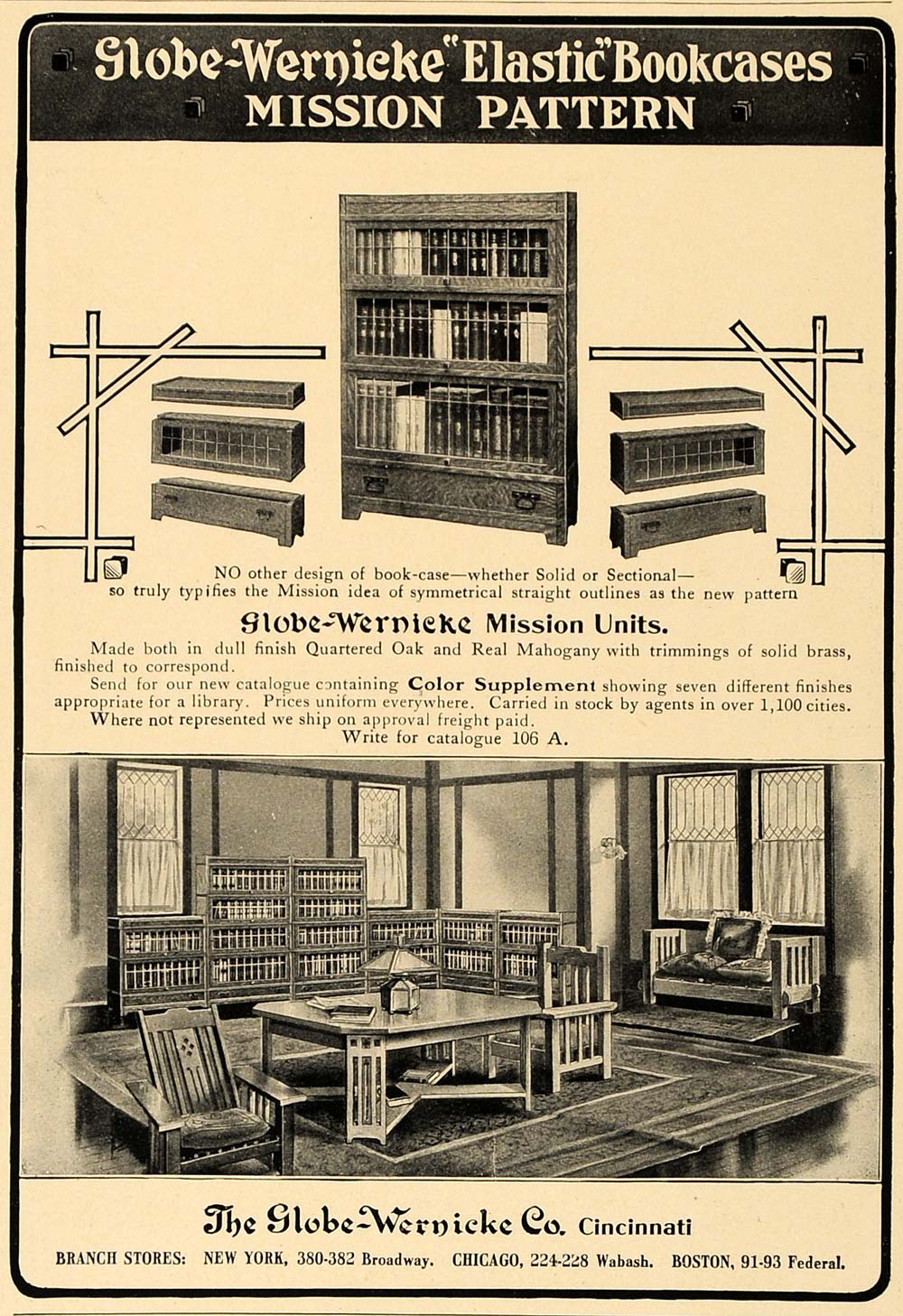 1906 Ad GlobeWernicke Elastic Bookcases Mission Units ORIGINAL CL4