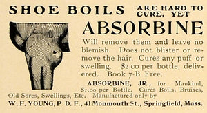 1906 Ad W.F. Young Shoe Boil Cures Absorbine Bottle - ORIGINAL ADVERTISING CL4