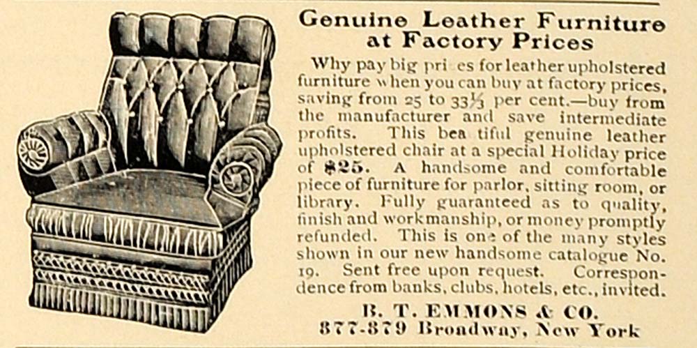 1906 Ad B. T. Emmons Leather Furniture Chair Upholstery - ORIGINAL CL4