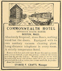 1907 Ad Commonwealth Hotel Boston Tourism Vacuum Crafts - ORIGINAL CL4