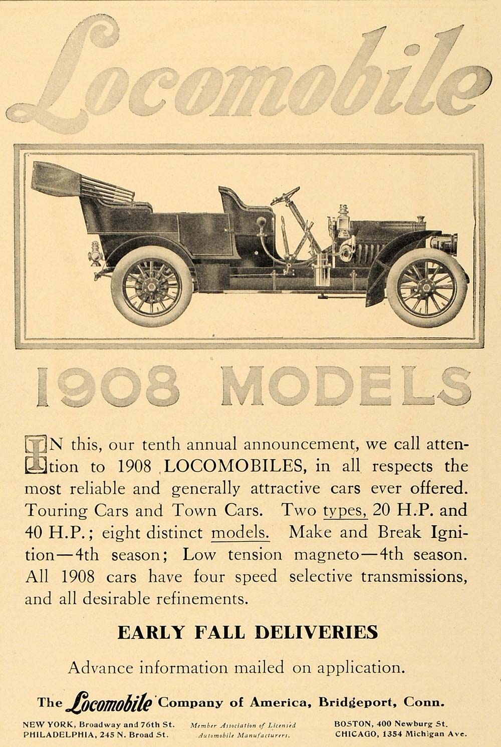 1907 Ad Locomobile Automobile Bridgeport Auto Car Motor - ORIGINAL CL4
