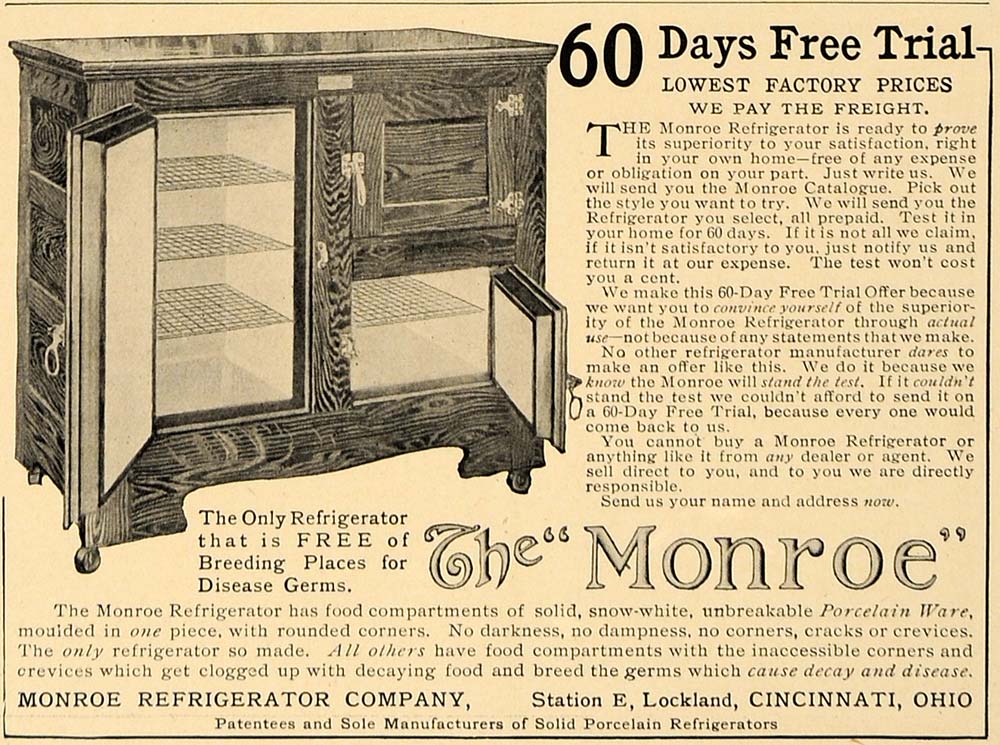 1907 Ad Monroe Refrigerator Porcelain Kitchen Furniture - ORIGINAL CL4