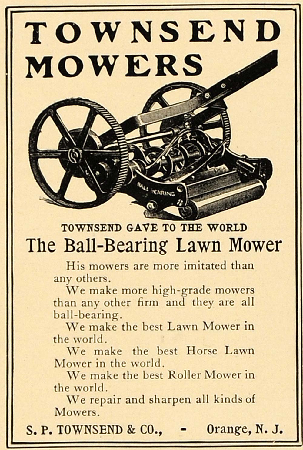 1906 Ad Townsend Mowers Ball Bearing Lawn Horse Grass - ORIGINAL ADVERTISING CL4