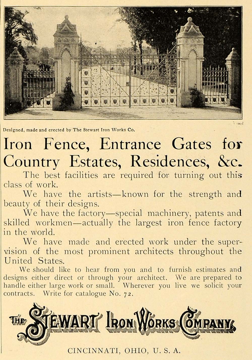 1906 Ad Stewart Iron Works Fence Entrance Gate Estate ORIGINAL ADVER
