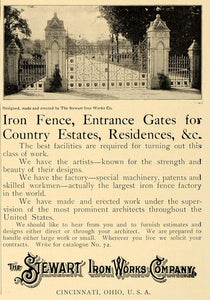 1906 Ad Stewart Iron Works Fence Entrance Gate Estate - ORIGINAL ADVERTISING CL4