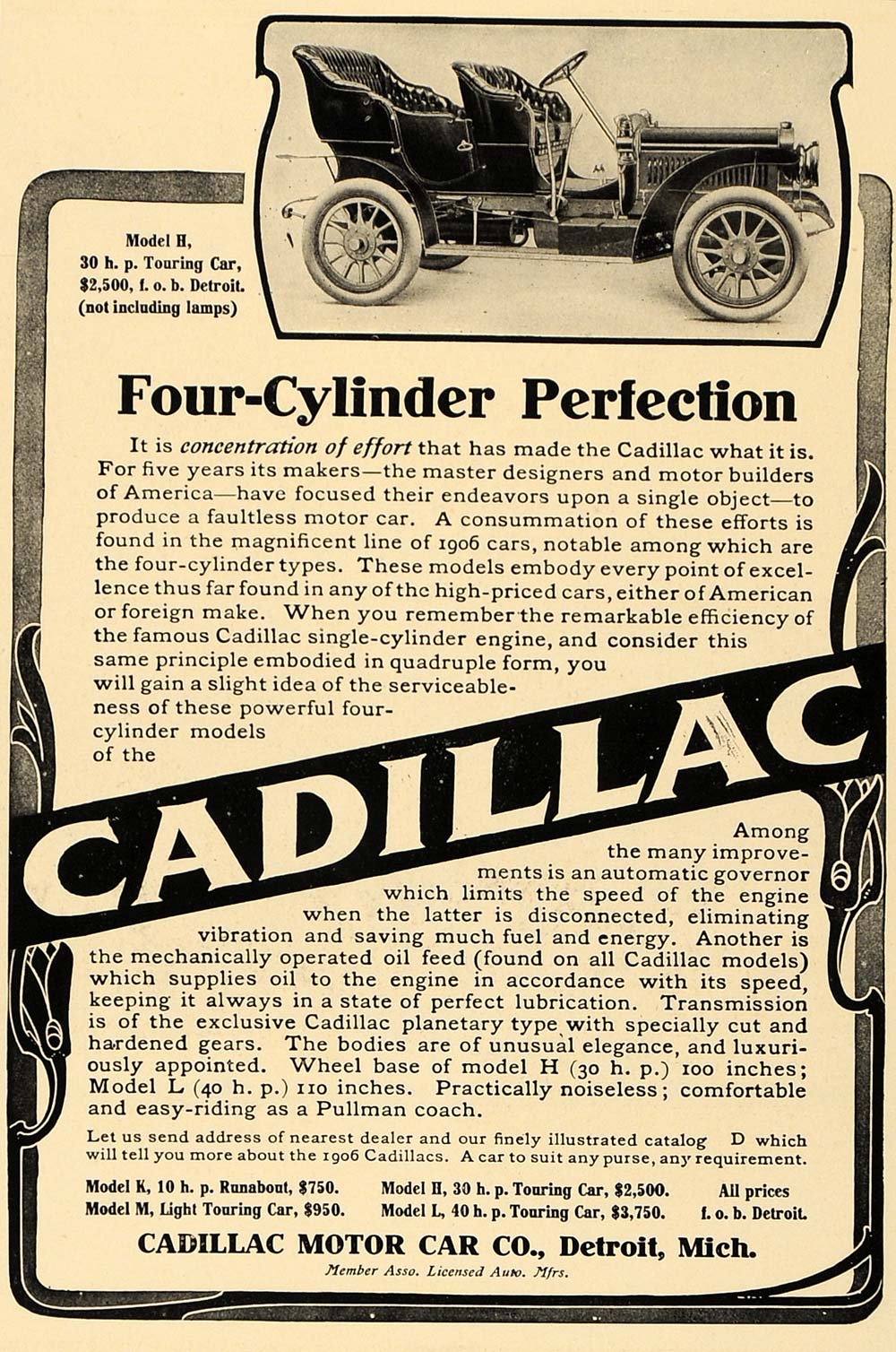1906 Ad Cadillac Motor Car Automobile Touring Model H - ORIGINAL ADVERTISING CL4