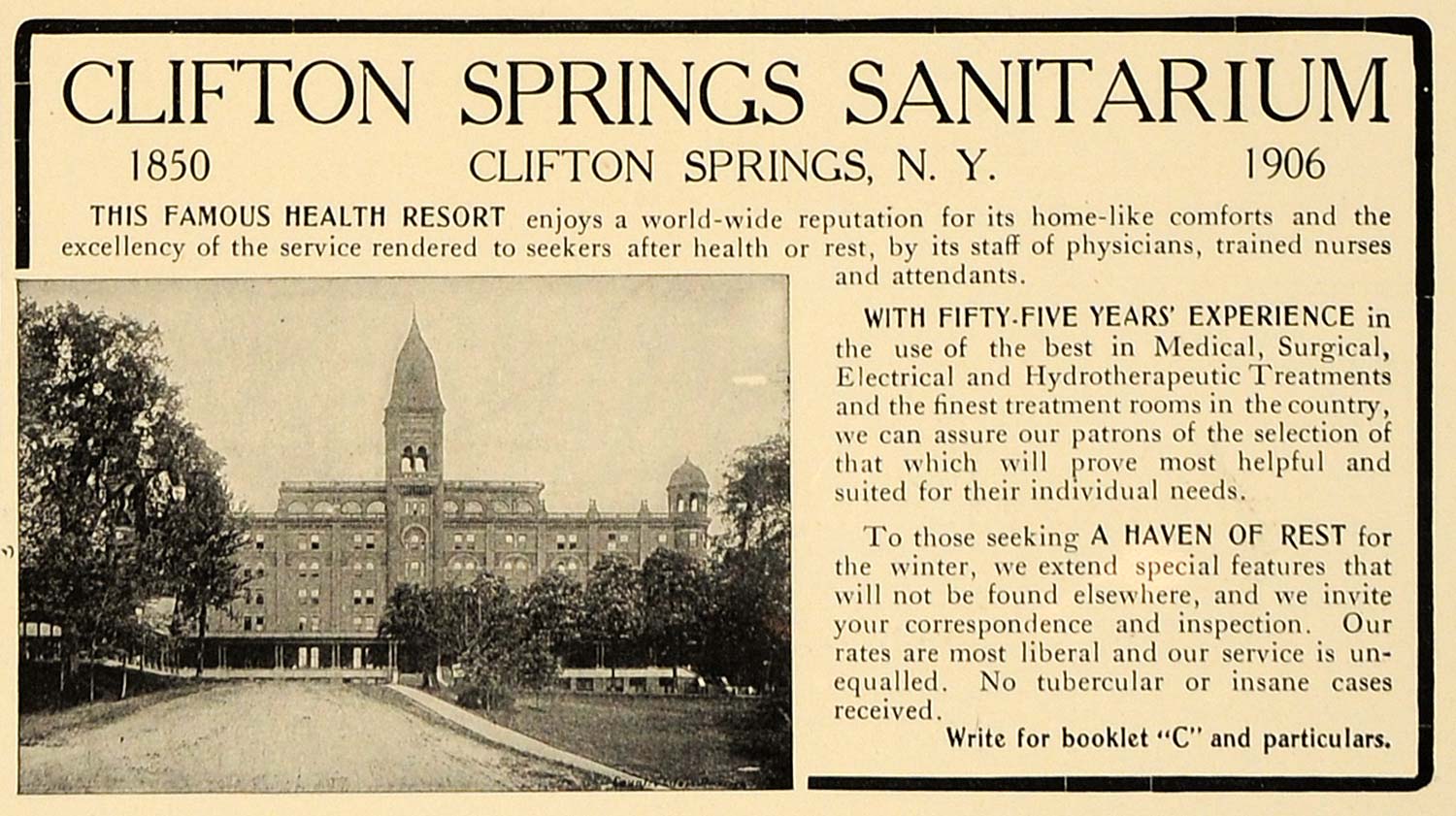 1906 Ad Clifton Springs Sanitarium Health Resort NY - ORIGINAL ADVERTISING CL4