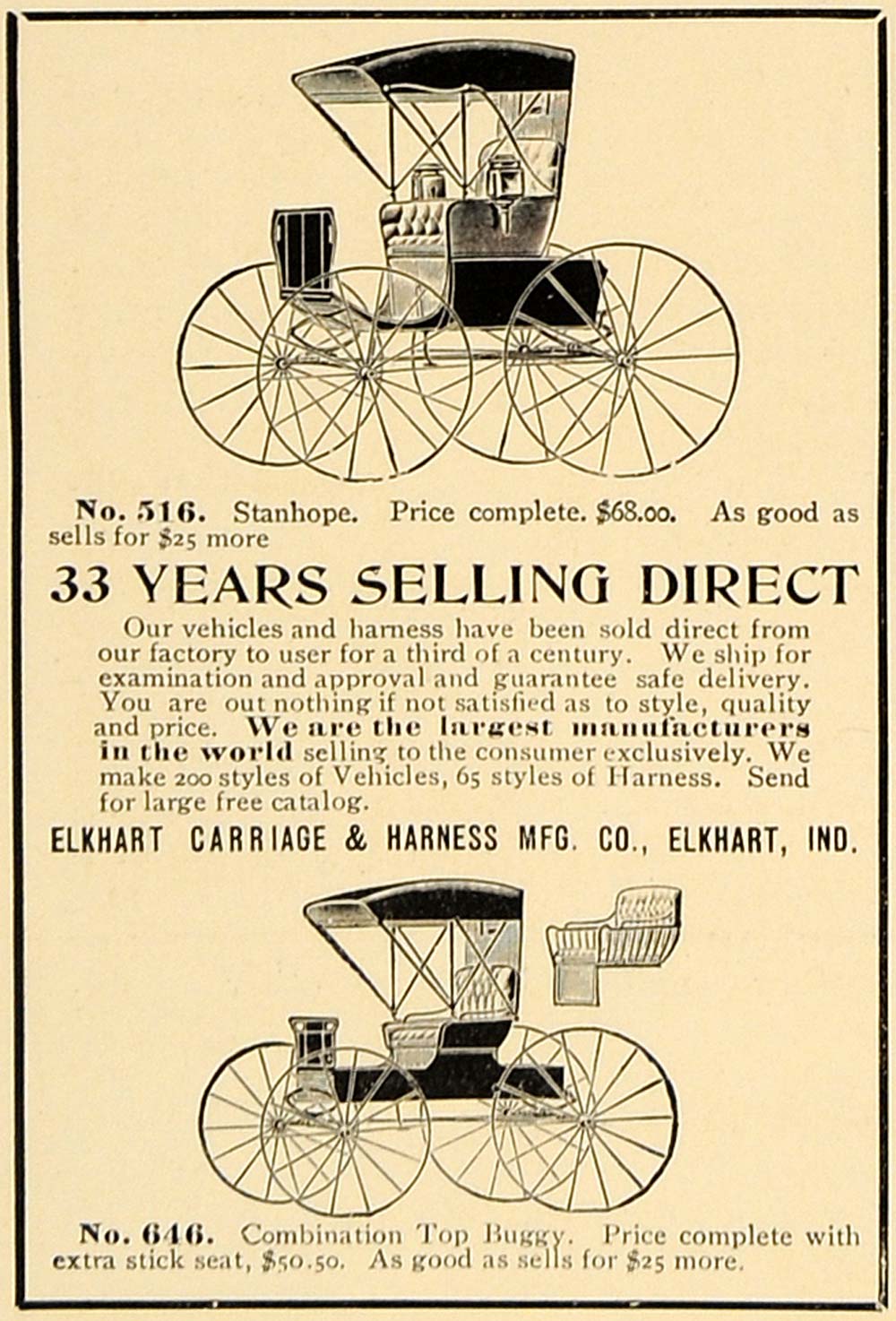 1906 Ad Elkhart Carriage Harness Models Pricing Indiana - ORIGINAL CL4