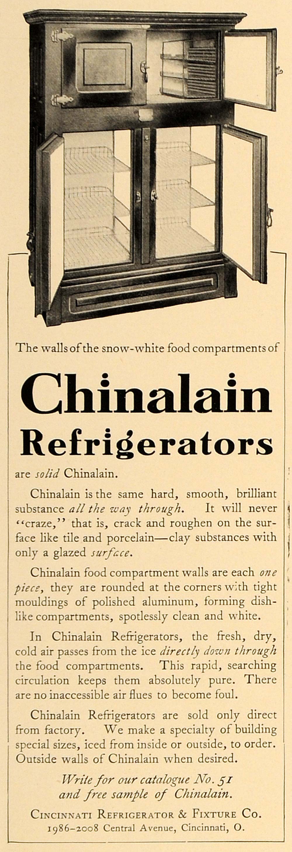 1906 Ad Chinalain Refrigerators Central Ave Cincinnati - ORIGINAL CL4