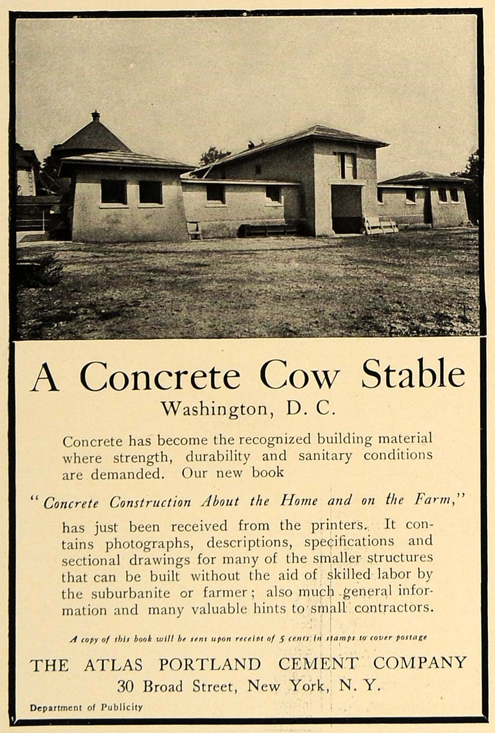 1906 Ad Atlas Portland Cement Concrete Cow Stable Barn - ORIGINAL CL4