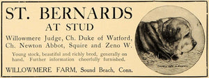 1906 Ad St. Bernard Dogs Willowmere Farm Sound Beach - ORIGINAL ADVERTISING CL4