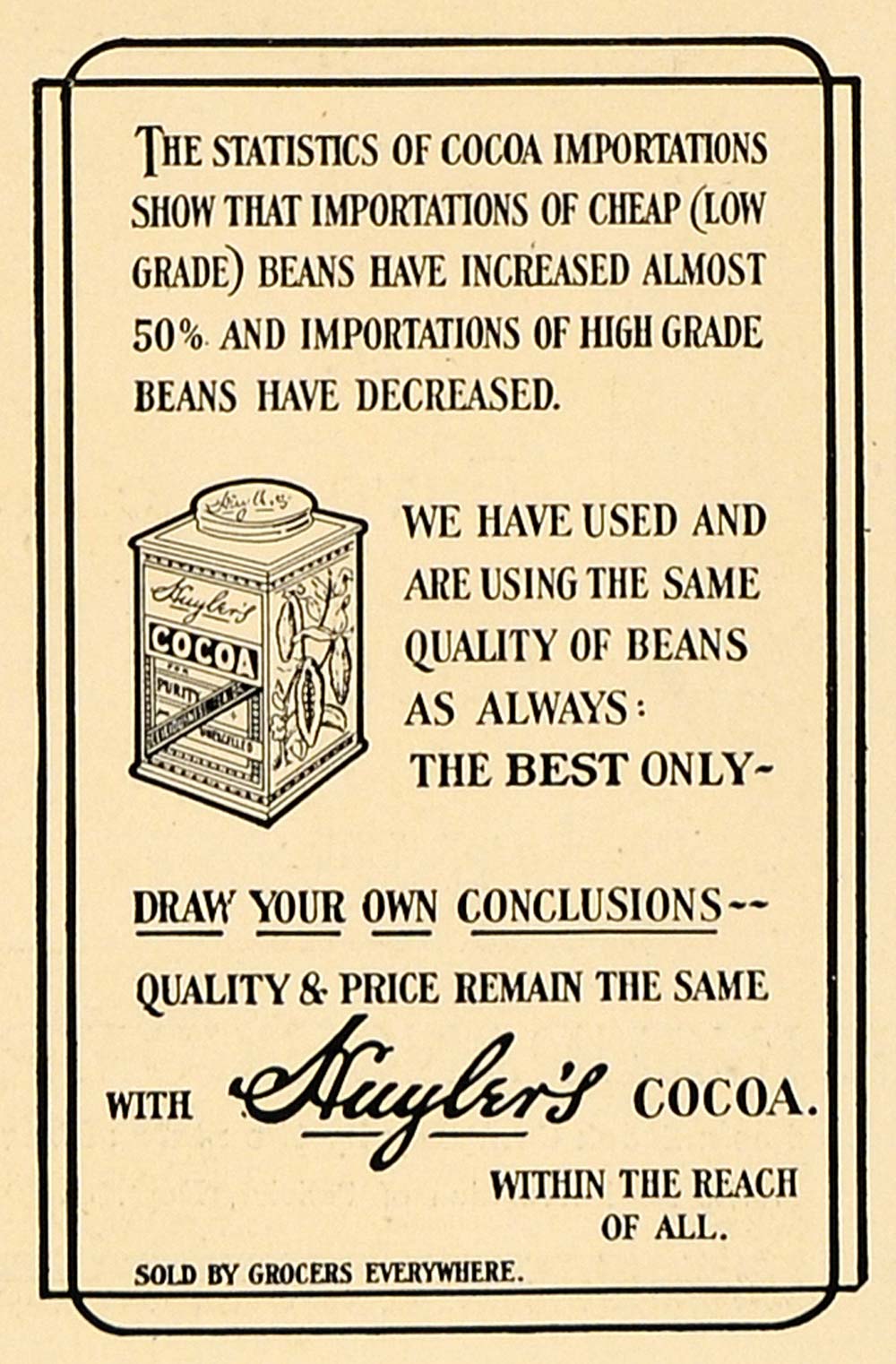 1906 Ad Huyler's Cocoa Quality Ingredients Antique Tin - ORIGINAL CL4