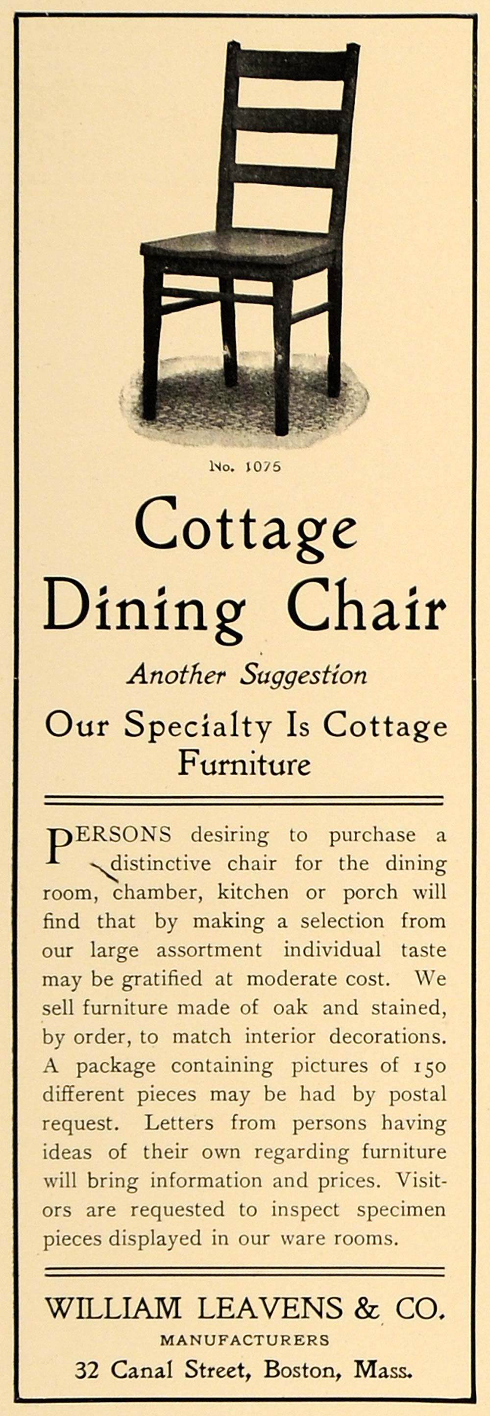 1906 Ad William Leavens Cottage Dining Chair No. 1075 - ORIGINAL ADVERTISING CL4