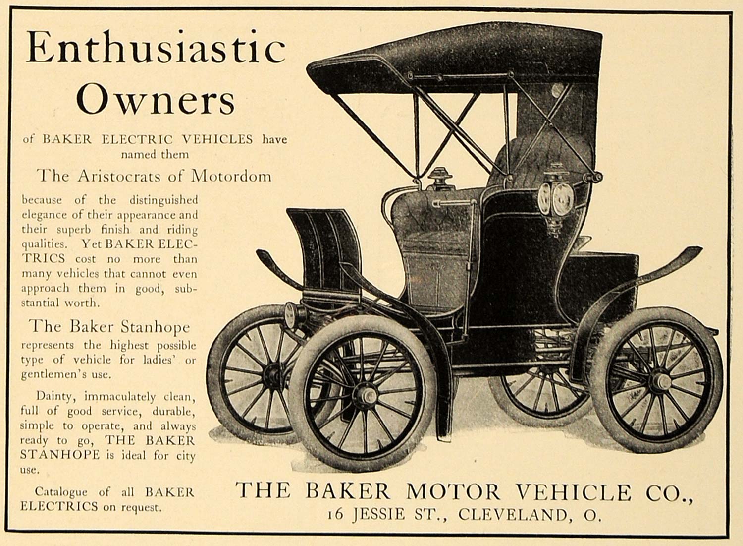 1906 Ad Antique Baker Electric Vehicles Stanhope Model - ORIGINAL CL4