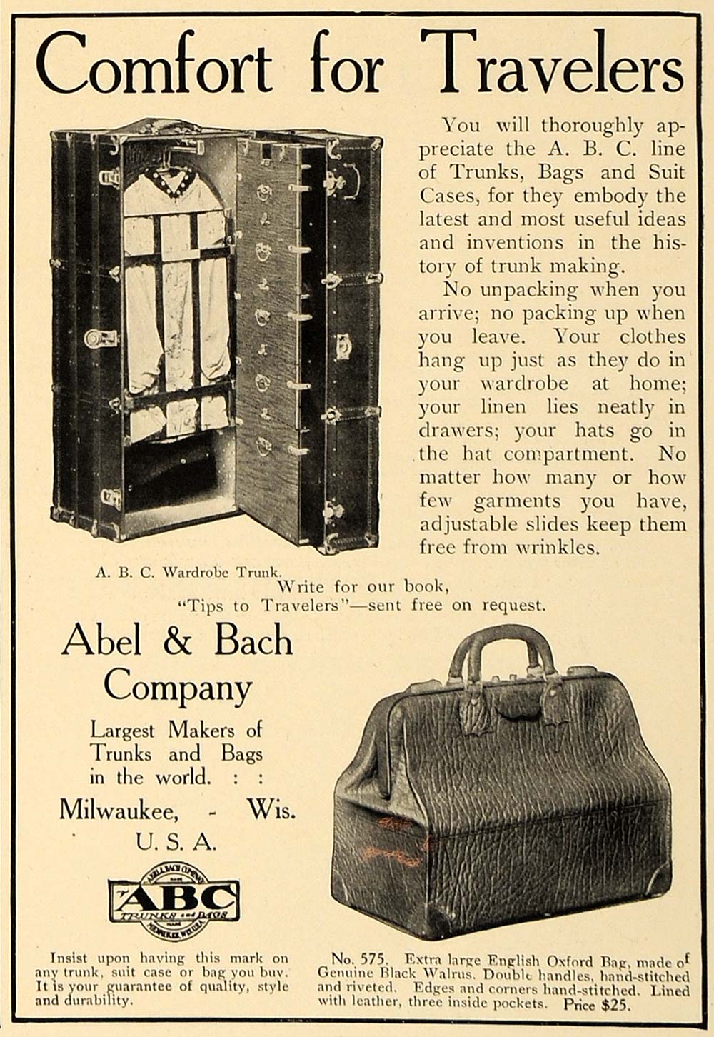 1906 Ad Abel Back A.B.C. Trunks Travel Bags Suitcases - ORIGINAL ADVERTISING CL4