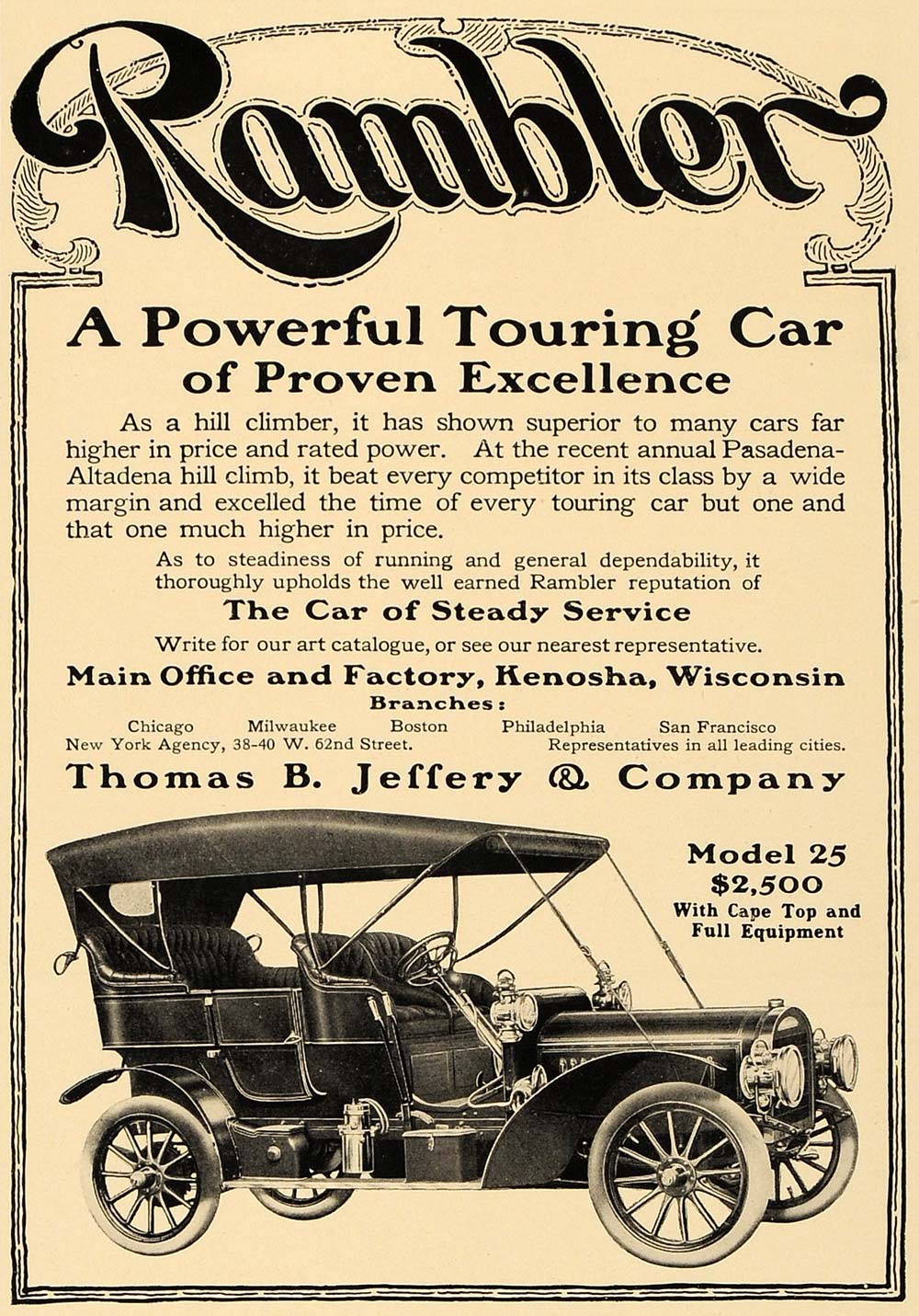 1907 Ad Rambler Model 25 Thomas B. Jeffery Pricing - ORIGINAL ADVERTISING CL4