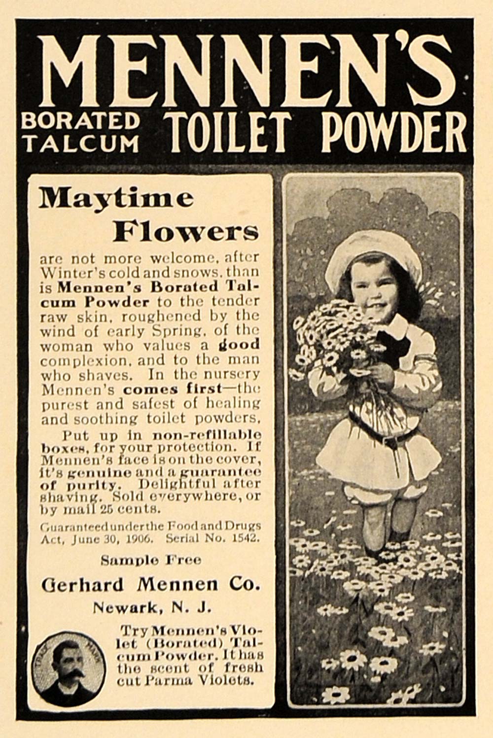 1907 Ad Gerhard Mennen's Borated Talcum Toilet Powder - ORIGINAL ADVERTISING CL4