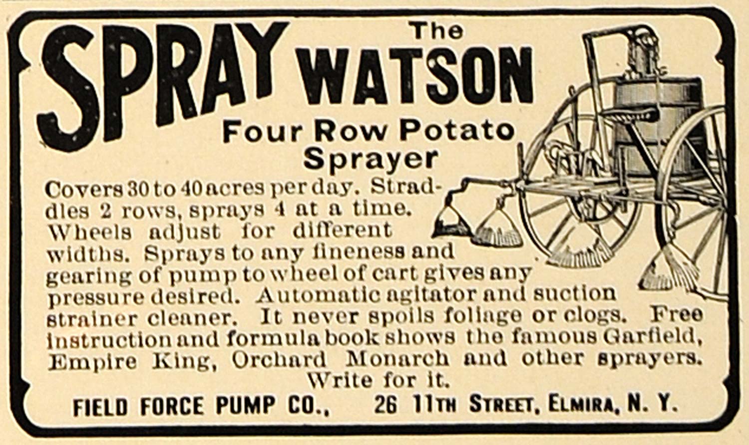 1907 Ad Watson 4 Row Potato Sprayer Field Force Pump - ORIGINAL ADVERTISING CL4