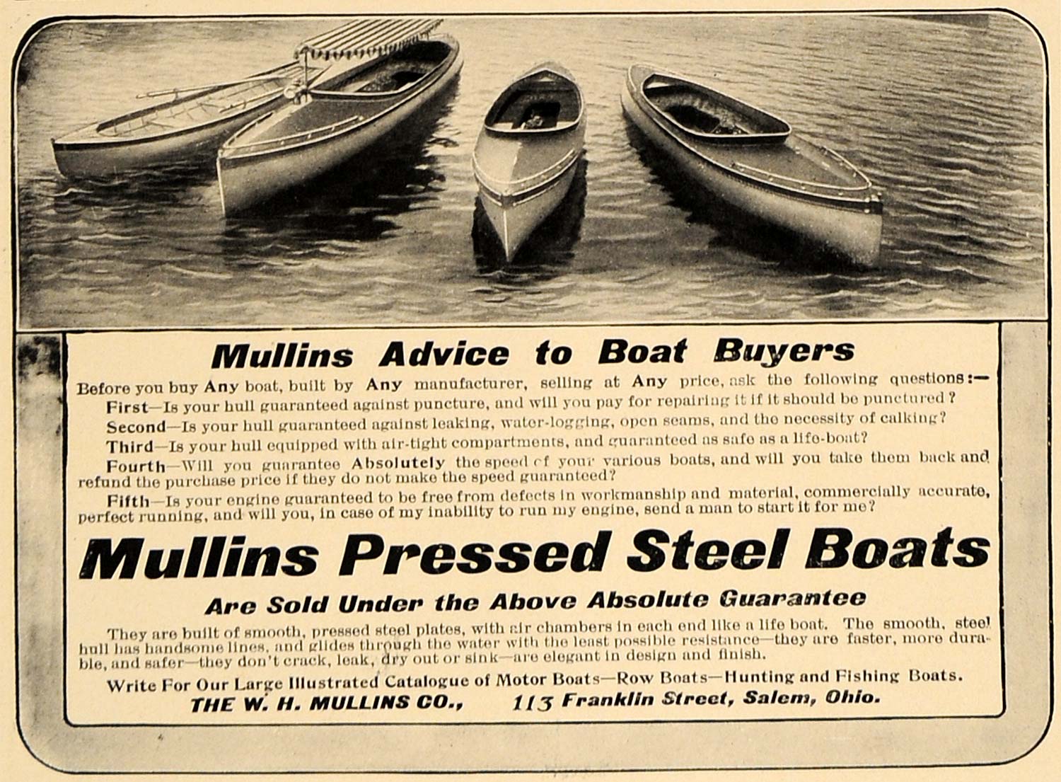 1907 Ad W.H. Mullins Pressed Steel Boats Guarantee - ORIGINAL ADVERTISING CL4