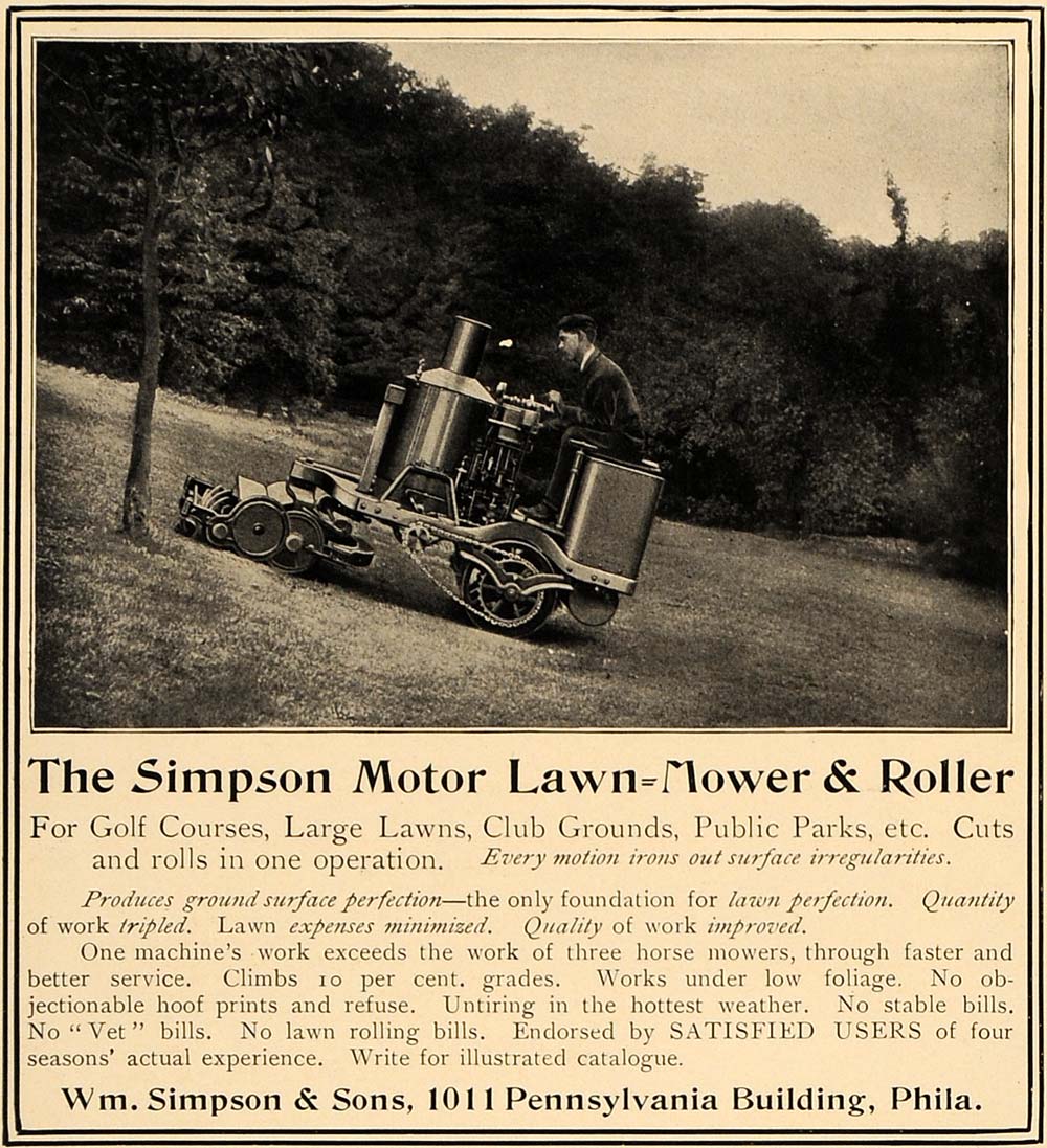 1907 Ad Wm. Simpson Motor Lawn Mower Roller Riding - ORIGINAL ADVERTISING CL4