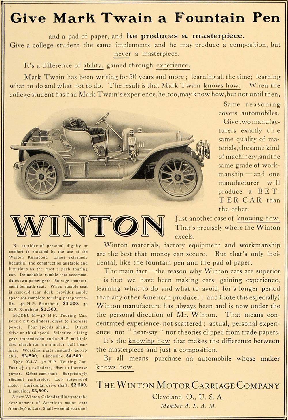1907 Ad Antique Winton Motor Carriage Mark Twain Models - ORIGINAL CL4