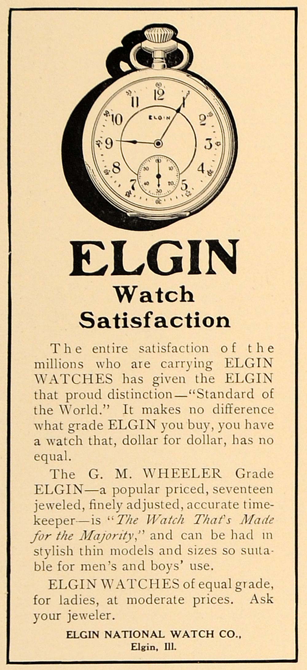 1907 Ad Antique Elgin G.M. Wheeler Grade Pocket Watch - ORIGINAL ADVERTISING CL4
