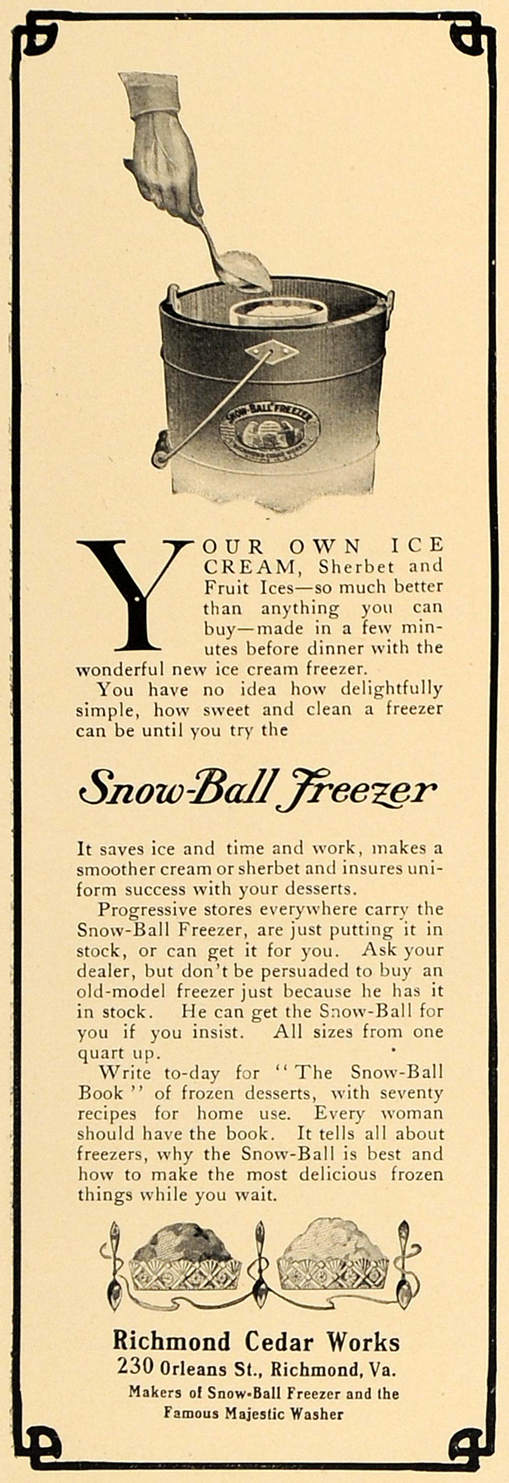 1907 Ad Snowball Freezer Ice Cream Sherbet Maker - ORIGINAL ADVERTISING CL4