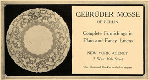 1907 Ad Gebruder Mosse Berlin Fancy Linens Doily Decor - ORIGINAL CL4