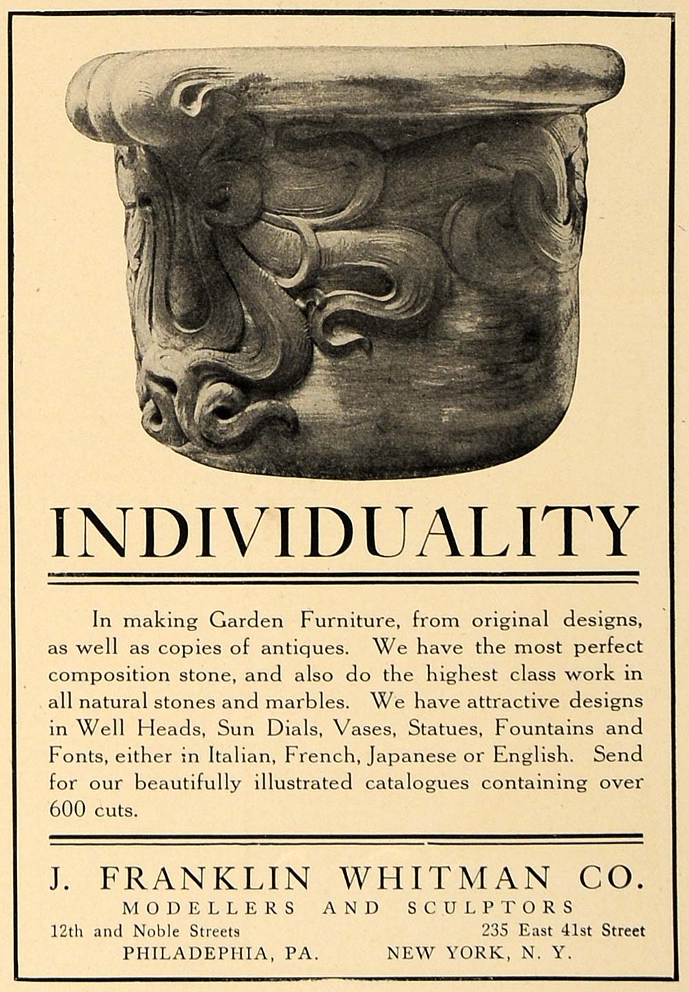 1907 Ad J. Franklin Whitman Garden Furniture Pot Design - ORIGINAL CL4