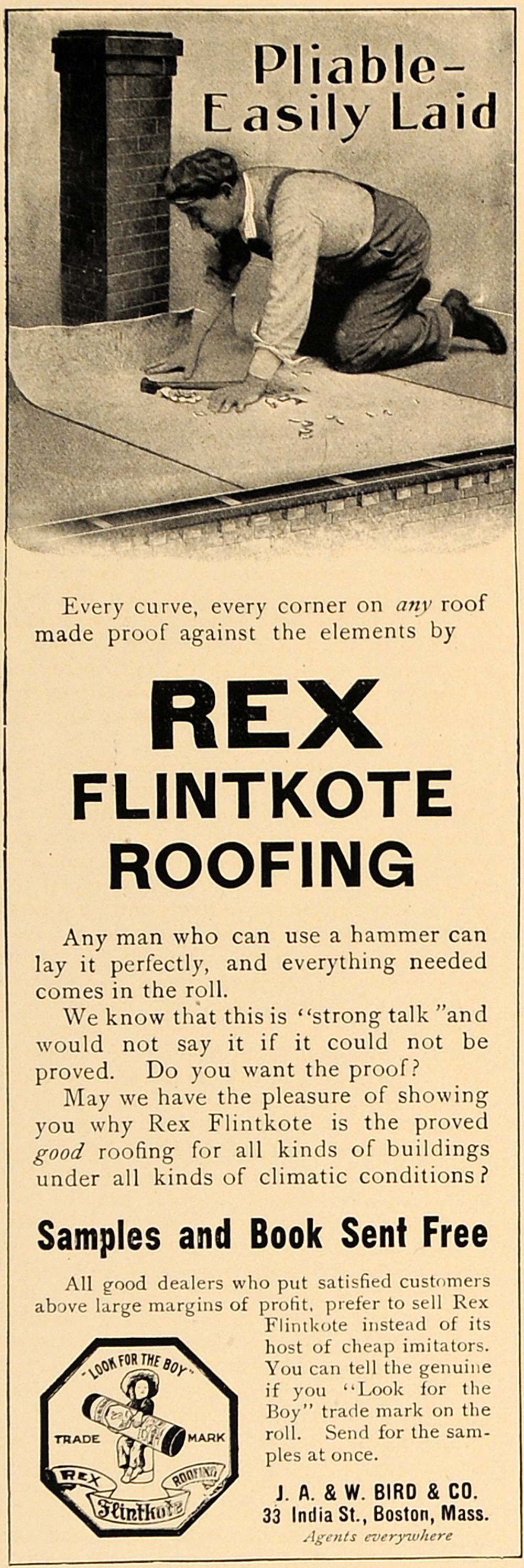 1907 Ad REX Flintkote Roofing J.A.&W. Bird Boston Mass - ORIGINAL CL4