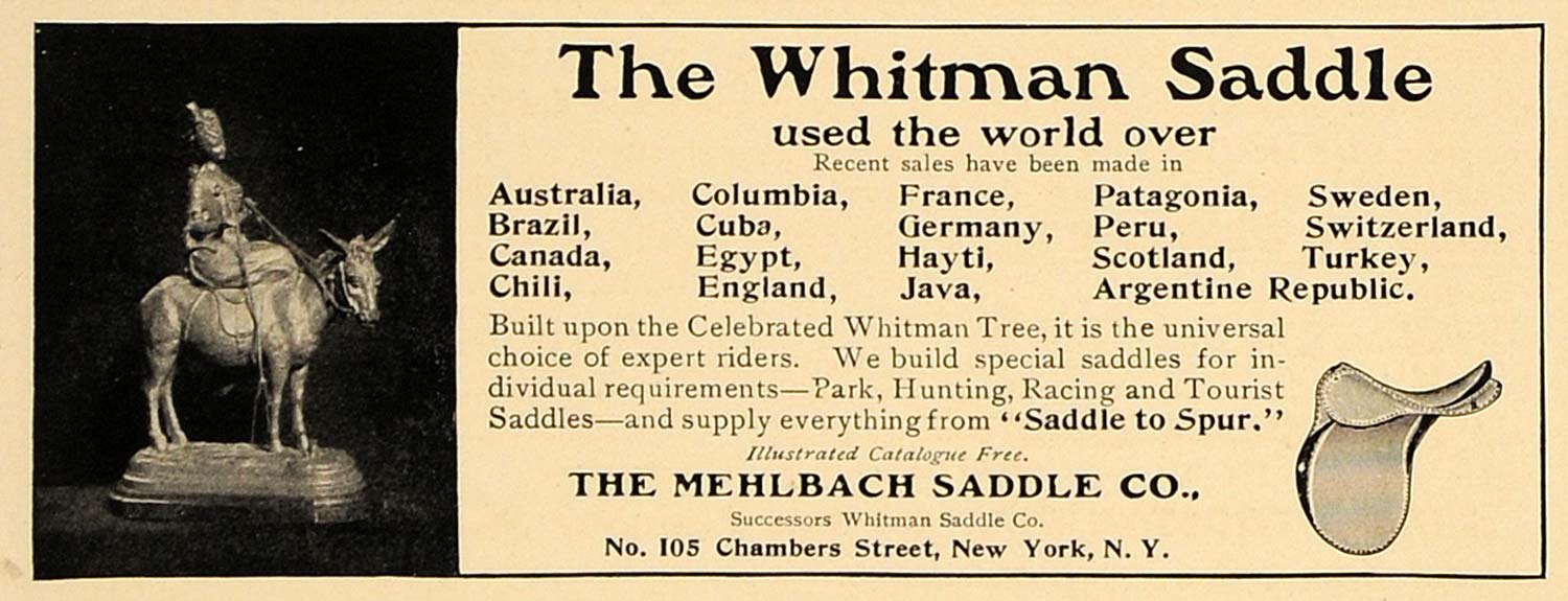 1907 Ad Mehlbach Whitman Saddles Horseback Riding - ORIGINAL ADVERTISING CL4