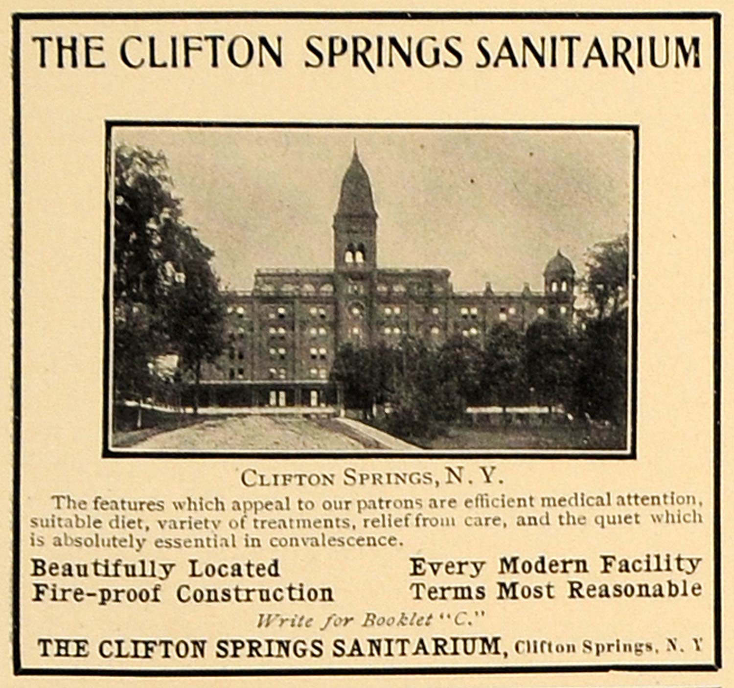 1907 Ad Clifton Springs Sanitarium Health New York - ORIGINAL ADVERTISING CL4