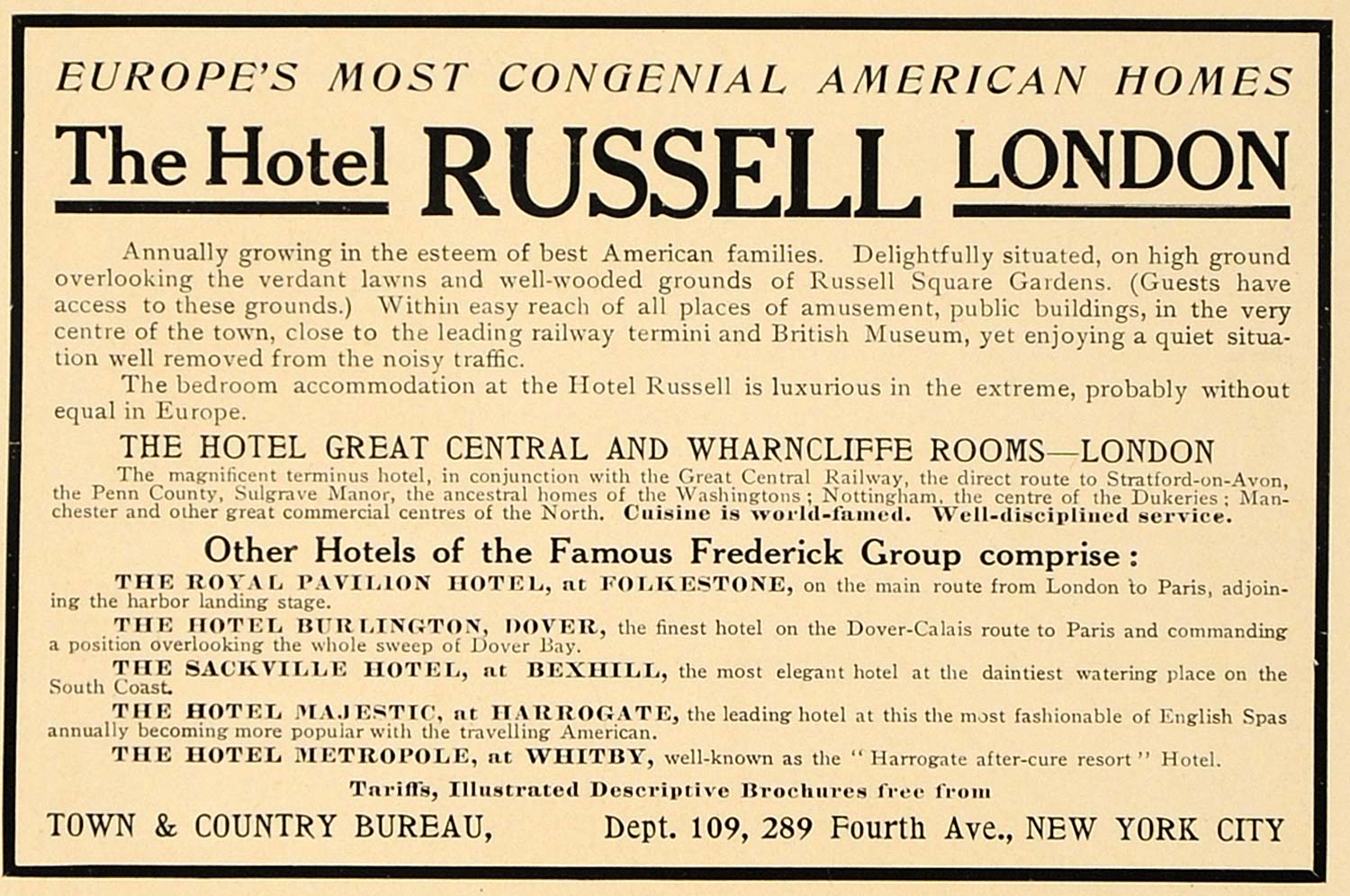 1907 Ad Hotel Russell London Great Central Wharncliffe - ORIGINAL CL4